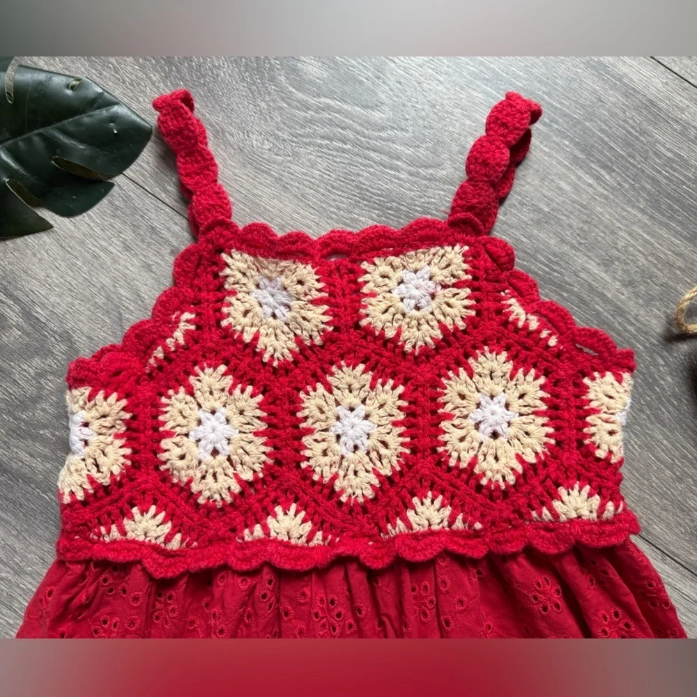 Zara Red Yellow and White Crochet and Eyelet Kids Dress. Size 1.5 Years